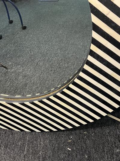 MONUMENTAL POST MODERN BLACK WHITE STRIPED TESSELATED RESIN ROUND MIRROR