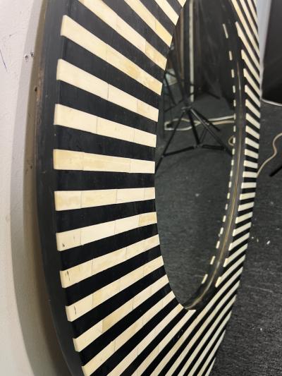 MONUMENTAL POST MODERN BLACK WHITE STRIPED TESSELATED RESIN ROUND MIRROR