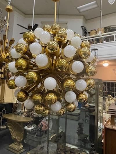 MONUMENTAL SPECTACULAR PAIR OF MODERN BRASS SPUTNIK CHANDELIERS