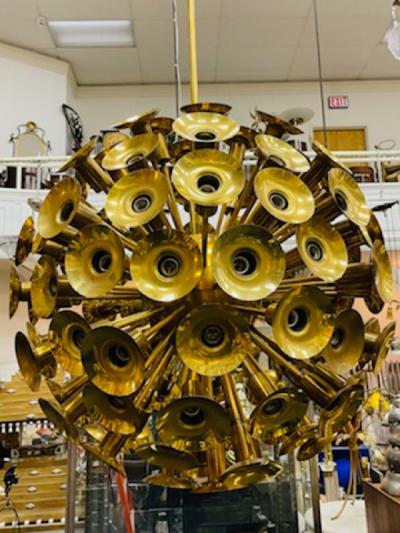 MONUMENTAL SPECTACULAR PAIR OF MODERN BRASS SPUTNIK CHANDELIERS