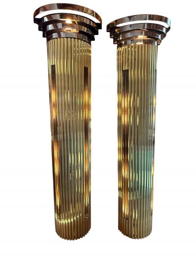 MONUMENTAL SUPERB MODERNIST ART DECO BRASS CHROME GLASS ROD SCONCES