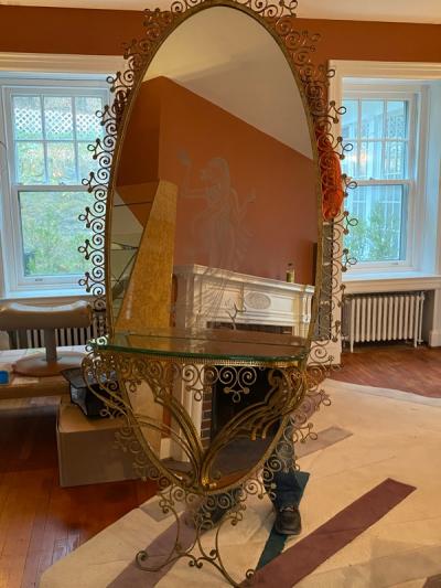 MONUMENTAL1940s ITALIAN GILT WROUGHT IRON AND ETCHED MIRROR