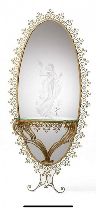 MONUMENTAL1940s ITALIAN GILT WROUGHT IRON AND ETCHED MIRROR