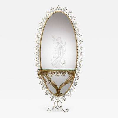 MONUMENTAL1940s ITALIAN GILT WROUGHT IRON AND ETCHED MIRROR