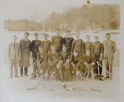 MOODY S STUDIO HOCKEY TEAM PORTRAIT ON ICED OVER LAKE 