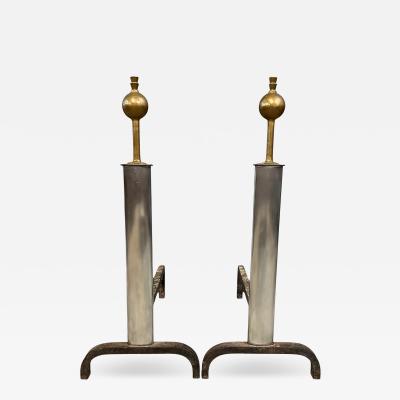 Machine Age Polished Steel and Brass Andirons Early 20th Century