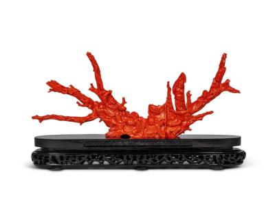 Magnificent Large Chinese Carved Coral Figural Group Seven Figures with Fish