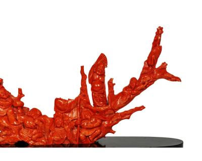 Magnificent Large Chinese Carved Coral Figural Group Seven Figures with Fish
