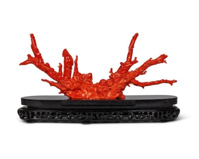 Magnificent Large Chinese Carved Coral Figural Group Seven Figures with Fish