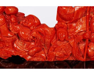 Magnificent Large Chinese Carved Coral Figural Group Seven Figures with Fish