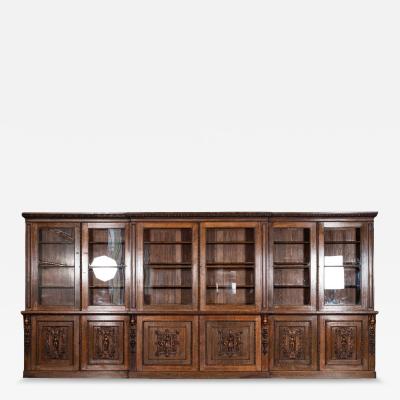 Magnificent Monumental English 19thC Carved Oak Breakfront Glazed Bookcase