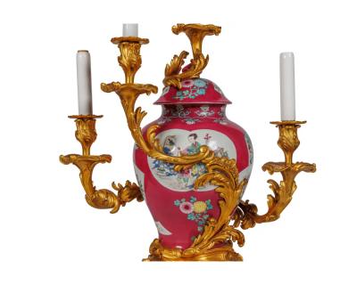 Magnificent Pair of Ormolu Mounted Pink Chinese Porcelain Three Light C