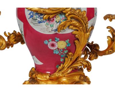 Magnificent Pair of Ormolu Mounted Pink Chinese Porcelain Three Light C