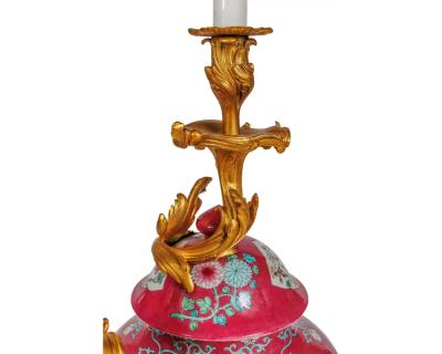 Magnificent Pair of Ormolu Mounted Pink Chinese Porcelain Three Light C