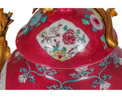 Magnificent Pair of Ormolu Mounted Pink Chinese Porcelain Three Light C