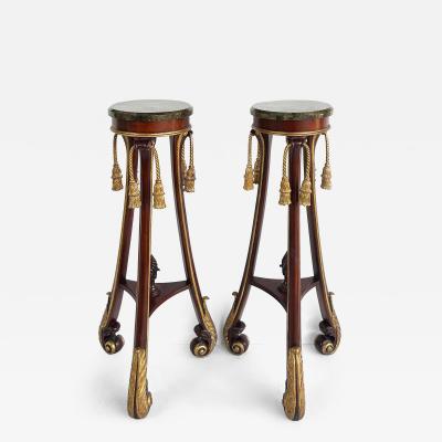 Mahogany Giltwood Pedestals with Carved Tassels Tesselated Stone Tops a Pair