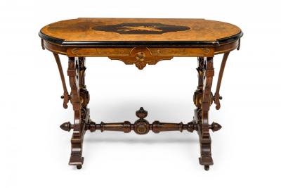 Mahogany Inlaid Center Table with Elaborate Scrollwork and Burl Wood Top
