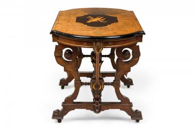 Mahogany Inlaid Center Table with Elaborate Scrollwork and Burl Wood Top
