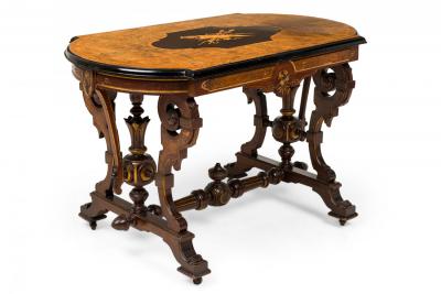 Mahogany Inlaid Center Table with Elaborate Scrollwork and Burl Wood Top