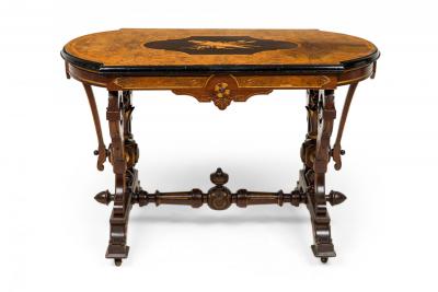Mahogany Inlaid Center Table with Elaborate Scrollwork and Burl Wood Top