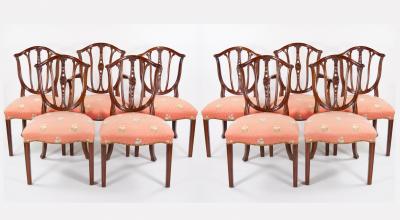 Mahogany Wood Frame Upholstered Hepplewhite Style Ten Dining Chair Set