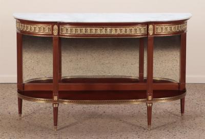 Mahogany bronze mounted Louis XVI style marble top console table