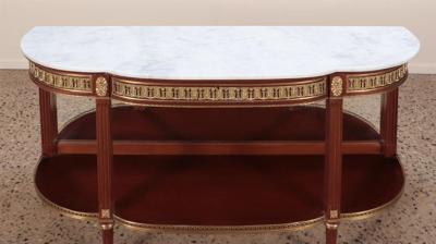 Mahogany bronze mounted Louis XVI style marble top console table