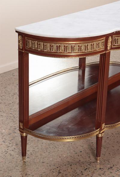 Mahogany bronze mounted Louis XVI style marble top console table