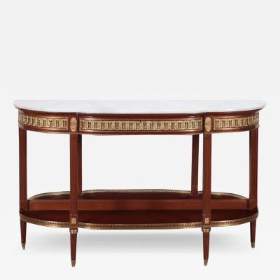 Mahogany bronze mounted Louis XVI style marble top console table