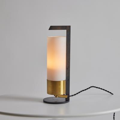 Maison Arlus 1950s Cylindrical Brass and Opaline Glass Table Lamp for Arlus