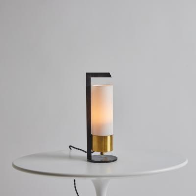 Maison Arlus 1950s Cylindrical Brass and Opaline Glass Table Lamp for Arlus