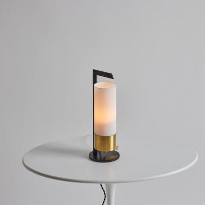 Maison Arlus 1950s Cylindrical Brass and Opaline Glass Table Lamp for Arlus