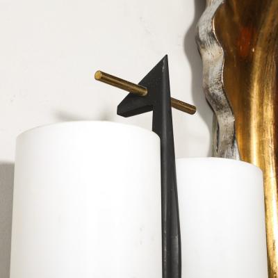 Maison Arlus Mid Century Frosted Glass Brass Black Enamel Sconce by Maison Arlus
