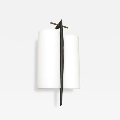Maison Arlus Mid Century Frosted Glass Brass Black Enamel Sconce by Maison Arlus