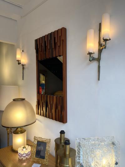 Maison Arlus Pair of Gilt Bronze and Opaline Glass Sconces by Maison Arlus France 1960s