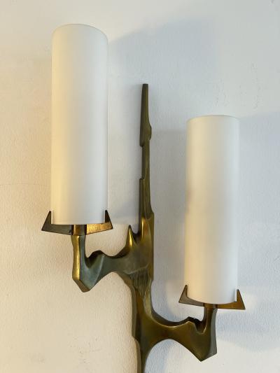 Maison Arlus Pair of Gilt Bronze and Opaline Glass Sconces by Maison Arlus France 1960s