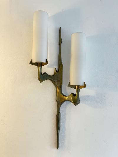 Maison Arlus Pair of Gilt Bronze and Opaline Glass Sconces by Maison Arlus France 1960s