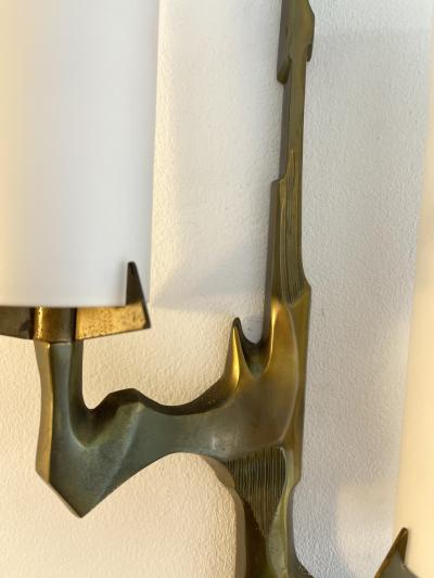 Maison Arlus Pair of Gilt Bronze and Opaline Glass Sconces by Maison Arlus France 1960s