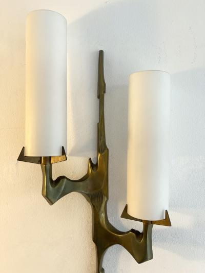 Maison Arlus Pair of Gilt Bronze and Opaline Glass Sconces by Maison Arlus France 1960s