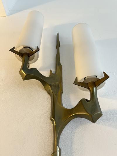 Maison Arlus Pair of Gilt Bronze and Opaline Glass Sconces by Maison Arlus France 1960s