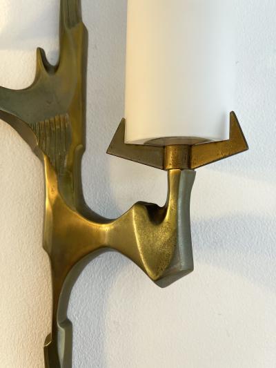 Maison Arlus Pair of Gilt Bronze and Opaline Glass Sconces by Maison Arlus France 1960s