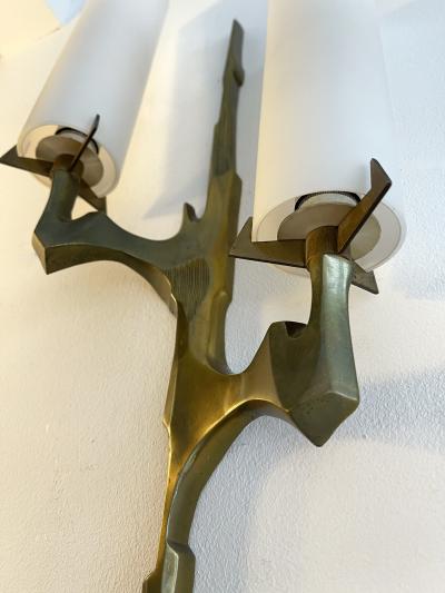 Maison Arlus Pair of Gilt Bronze and Opaline Glass Sconces by Maison Arlus France 1960s