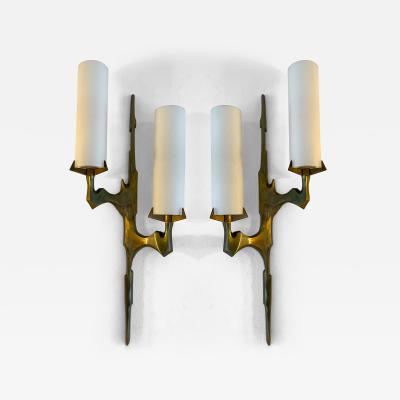 Maison Arlus Pair of Gilt Bronze and Opaline Glass Sconces by Maison Arlus France 1960s