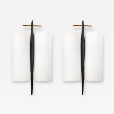Maison Arlus Pair of Mid Century Frosted Glass Brass Black Enamel Sconces by Maison Arlus