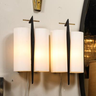 Maison Arlus Pair of Mid Century Frosted Glass Brass Black Enamel Sconces by Maison Arlus
