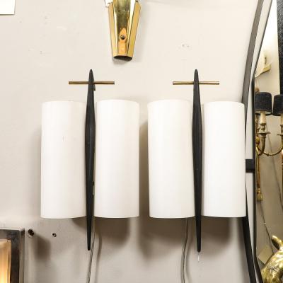 Maison Arlus Pair of Mid Century Frosted Glass Brass Black Enamel Sconces by Maison Arlus