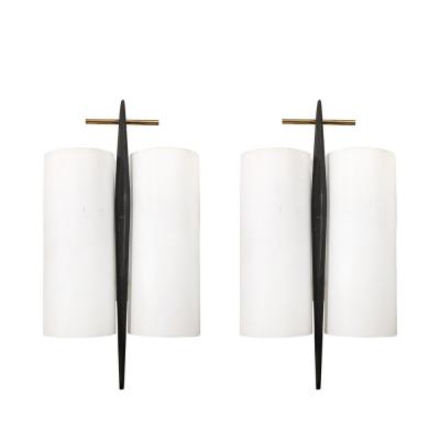 Maison Arlus Pair of Mid Century Frosted Glass Brass Black Enamel Sconces by Maison Arlus