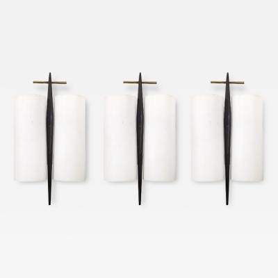 Maison Arlus Set of 3 Mid Century Frosted Glass Brass Black Enamel Sconces by Maison Arlus