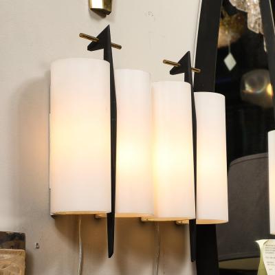 Maison Arlus Set of 3 Mid Century Frosted Glass Brass Black Enamel Sconces by Maison Arlus