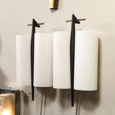 Maison Arlus Set of 3 Mid Century Frosted Glass Brass Black Enamel Sconces by Maison Arlus